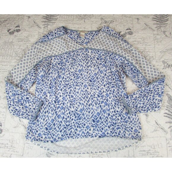 Sundance Catalog  Women's Blue white ikat multi print long sleeve cotton top S - Picture 1 of 10